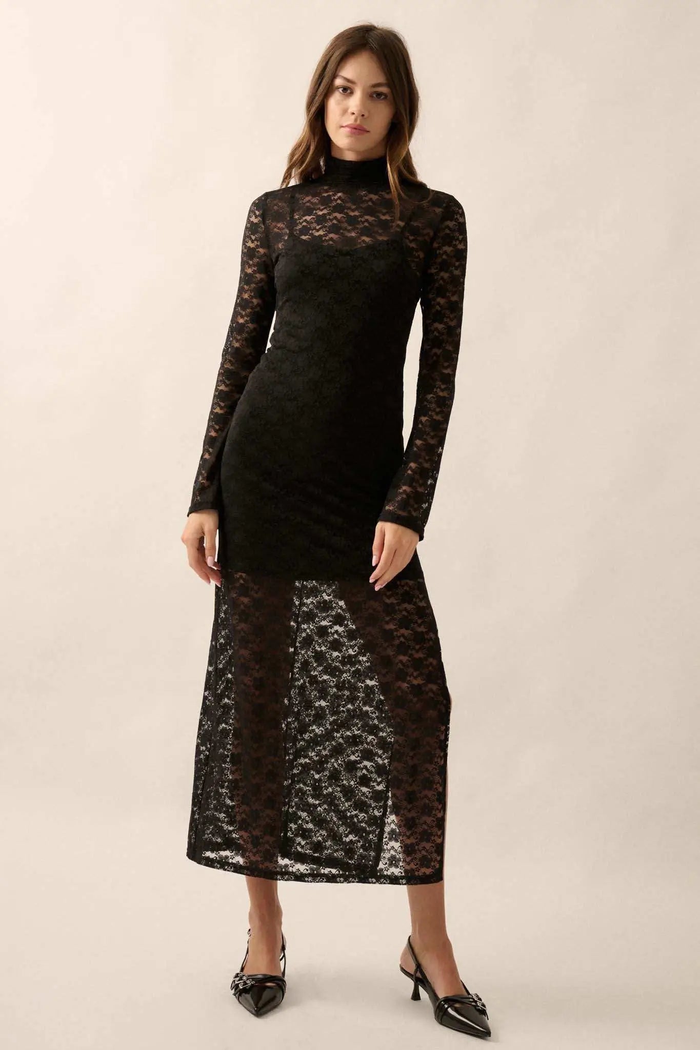 Black Honey Floral Lace Mock-Neck Midi Dress