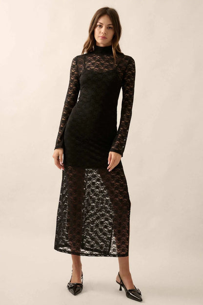 Black Honey Floral Lace Mock-Neck Midi Dress