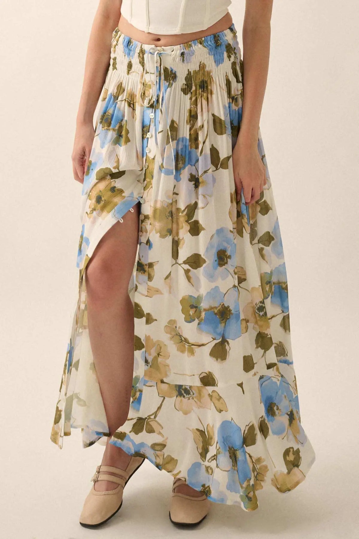 New Growth Floral Crepe Button-Front Maxi Skirt