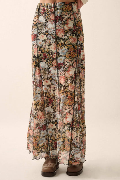 Autumn Harvest Floral Mesh Paneled Maxi Skirt