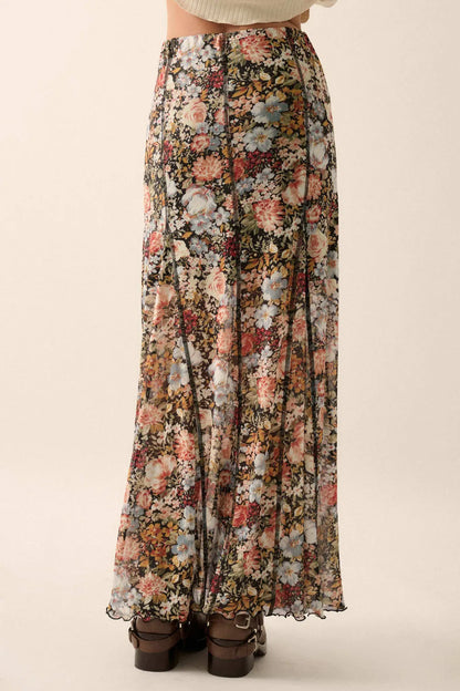 Autumn Harvest Floral Mesh Paneled Maxi Skirt