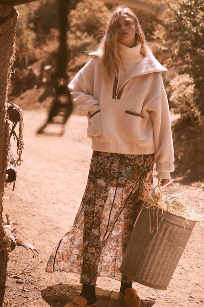 Autumn Harvest Floral Mesh Paneled Maxi Skirt