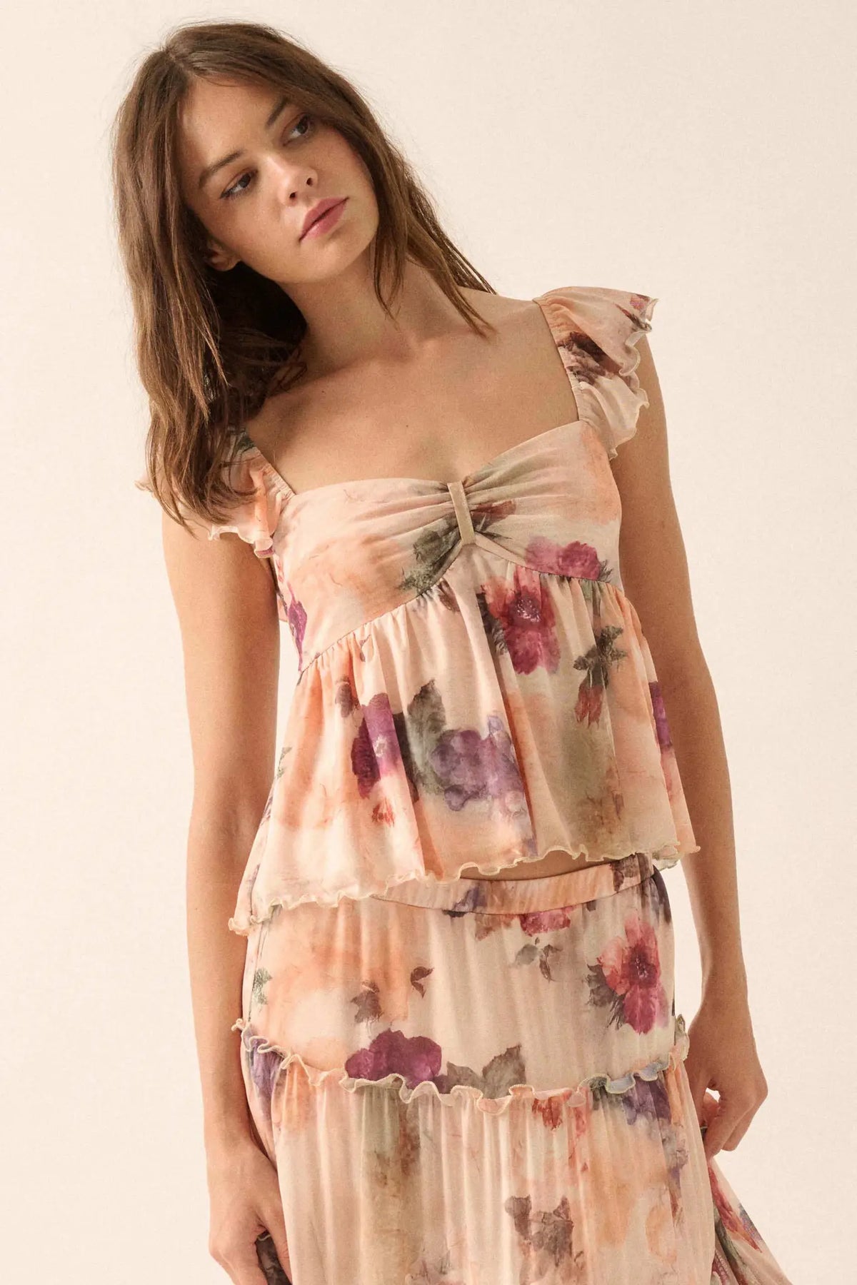 First Blush Floral Mesh Ruffle Babydoll Cami Top