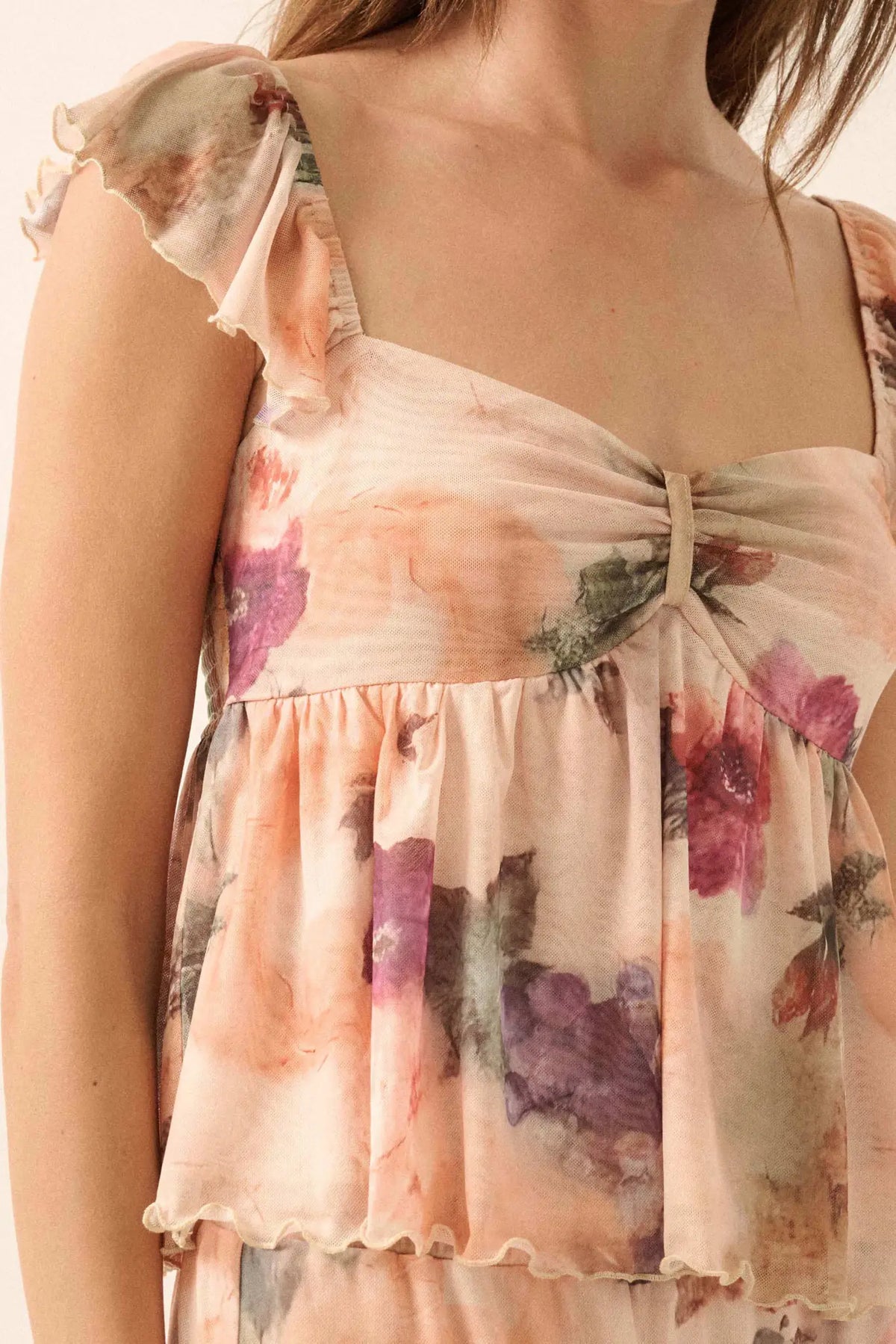First Blush Floral Mesh Ruffle Babydoll Cami Top
