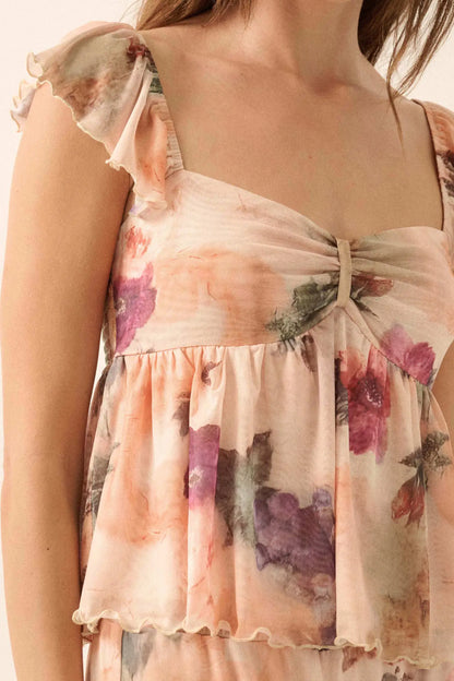 First Blush Floral Mesh Ruffle Babydoll Cami Top