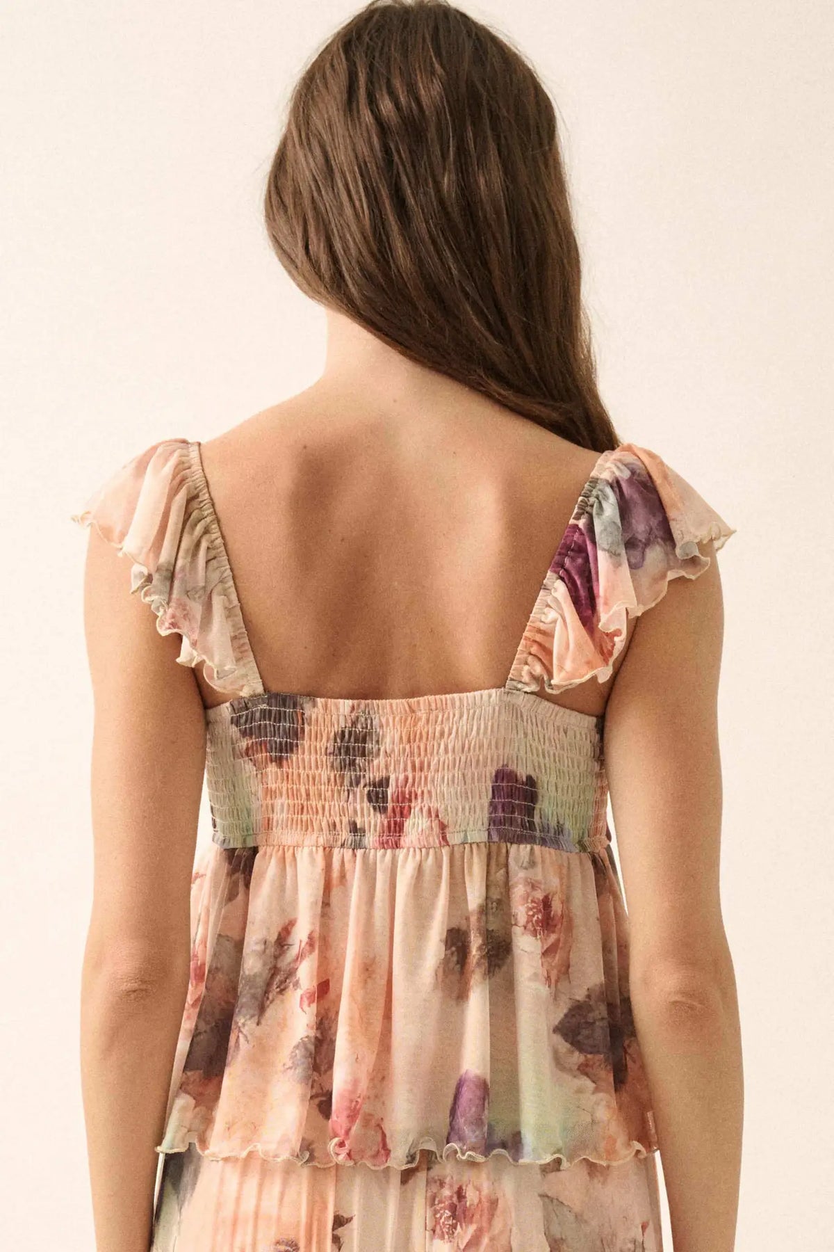 First Blush Floral Mesh Ruffle Babydoll Cami Top