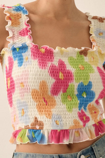Funky Flowers Smocked Floral Mesh Ruffle Tank Top