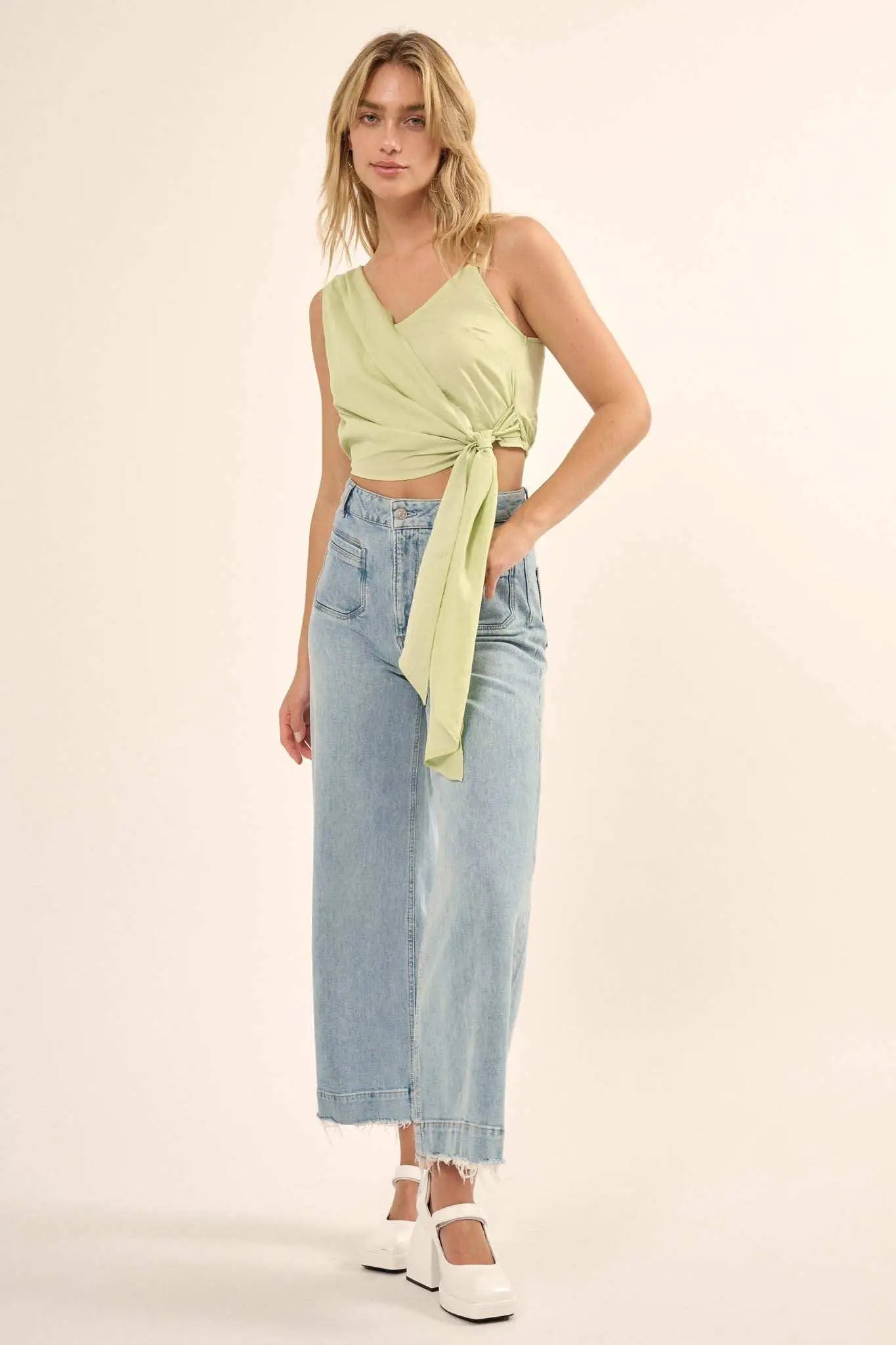 All Wrapped Up Asymmetrical Cropped Satin Wrap Top