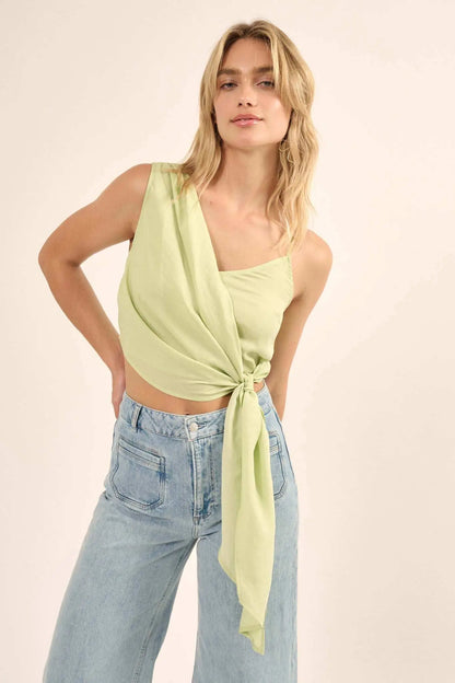 All Wrapped Up Asymmetrical Cropped Satin Wrap Top
