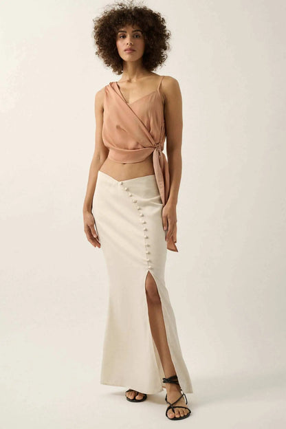 All Wrapped Up Asymmetrical Cropped Satin Wrap Top