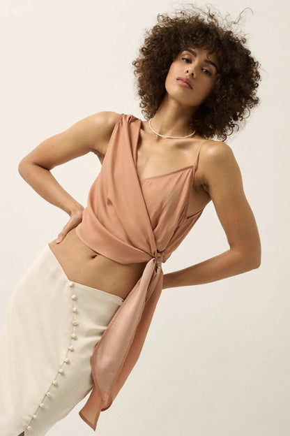 All Wrapped Up Asymmetrical Cropped Satin Wrap Top