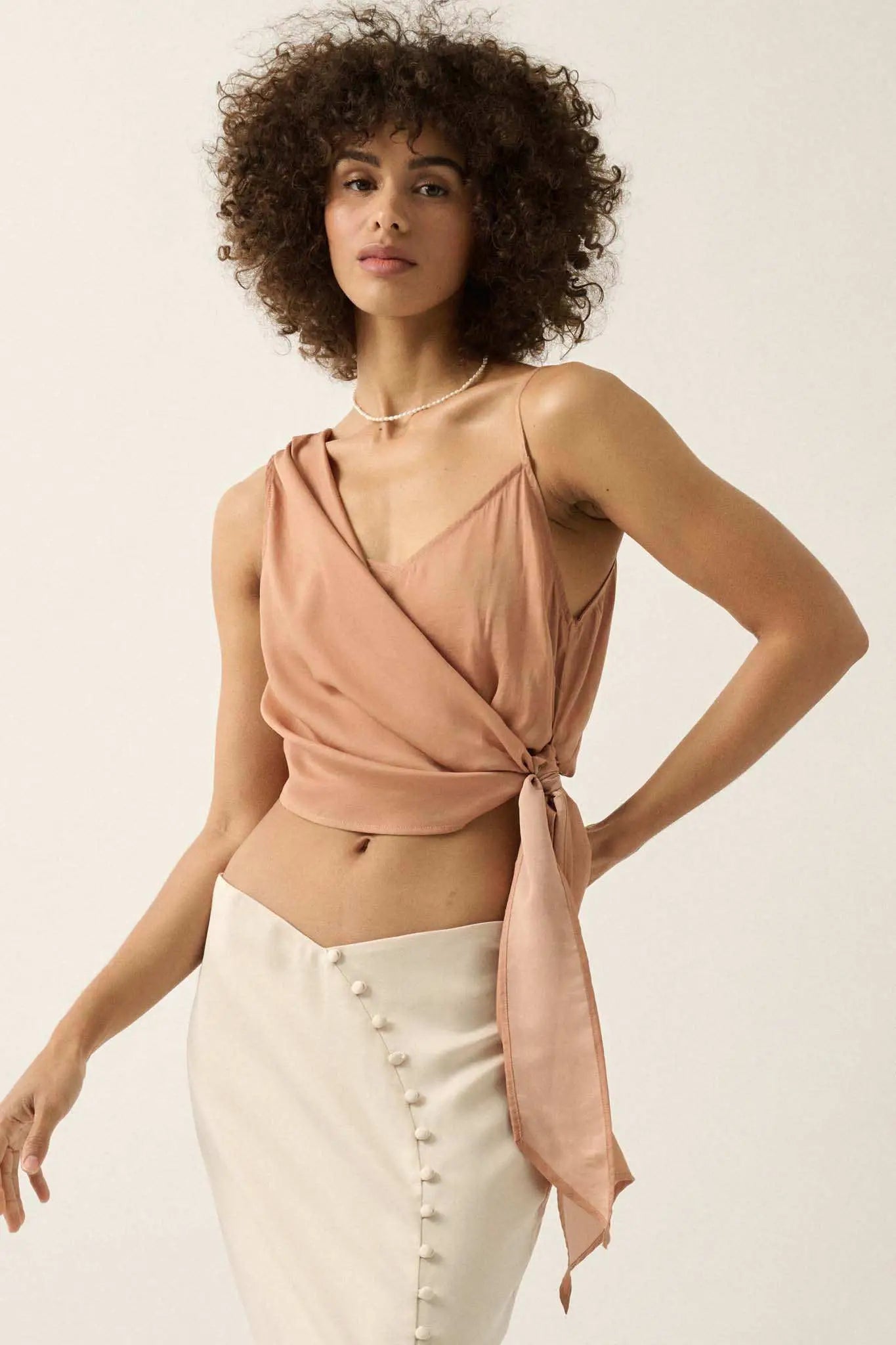 All Wrapped Up Asymmetrical Cropped Satin Wrap Top