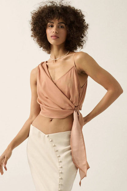 All Wrapped Up Asymmetrical Cropped Satin Wrap Top