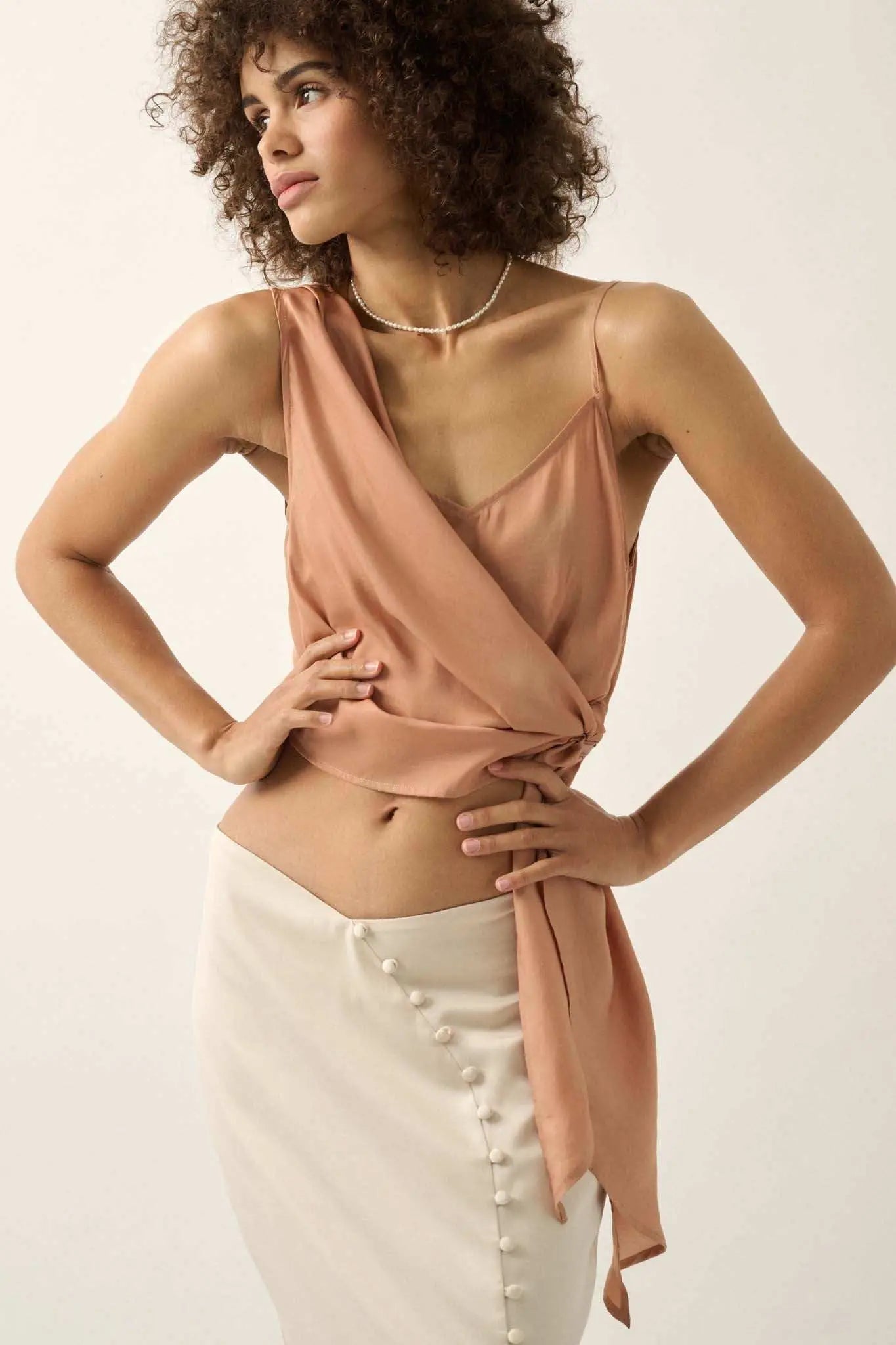 All Wrapped Up Asymmetrical Cropped Satin Wrap Top
