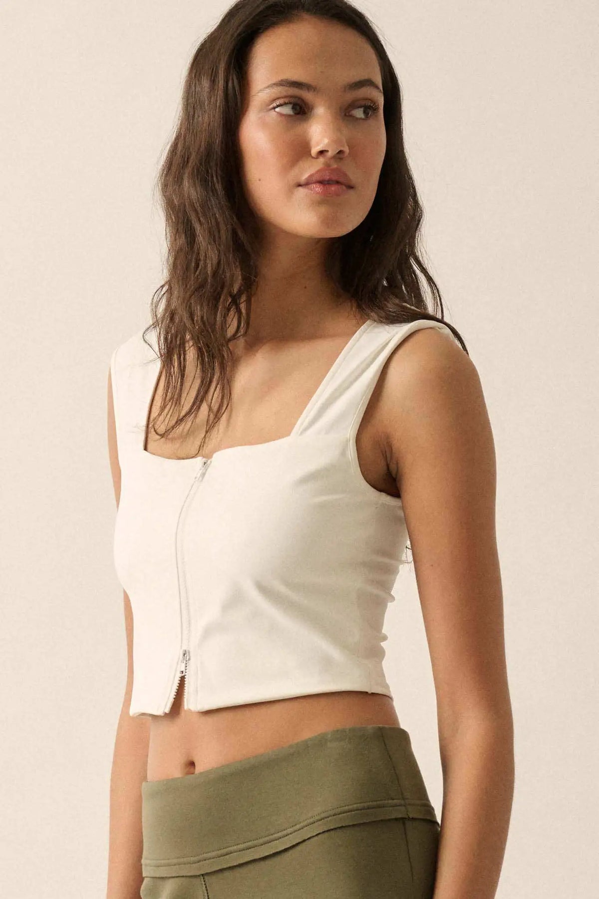 Lifted Fit Zip-Front Cropped Square-Neck Tank Top