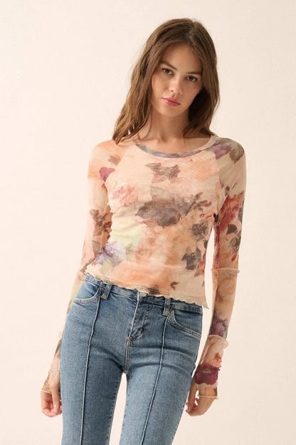 Blush Crush Floral-Print Mesh Thumbhole Top