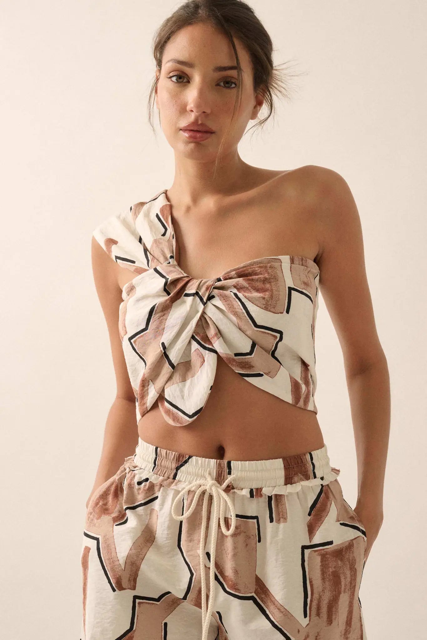 Lost City Abstract-Print One-Shoulder Bandeau Top
