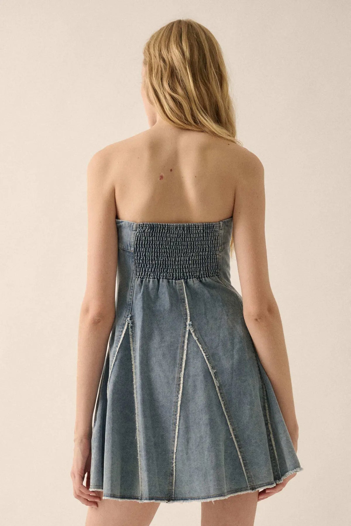 Indigo Skies Denim Strapless Godet Mini Dress