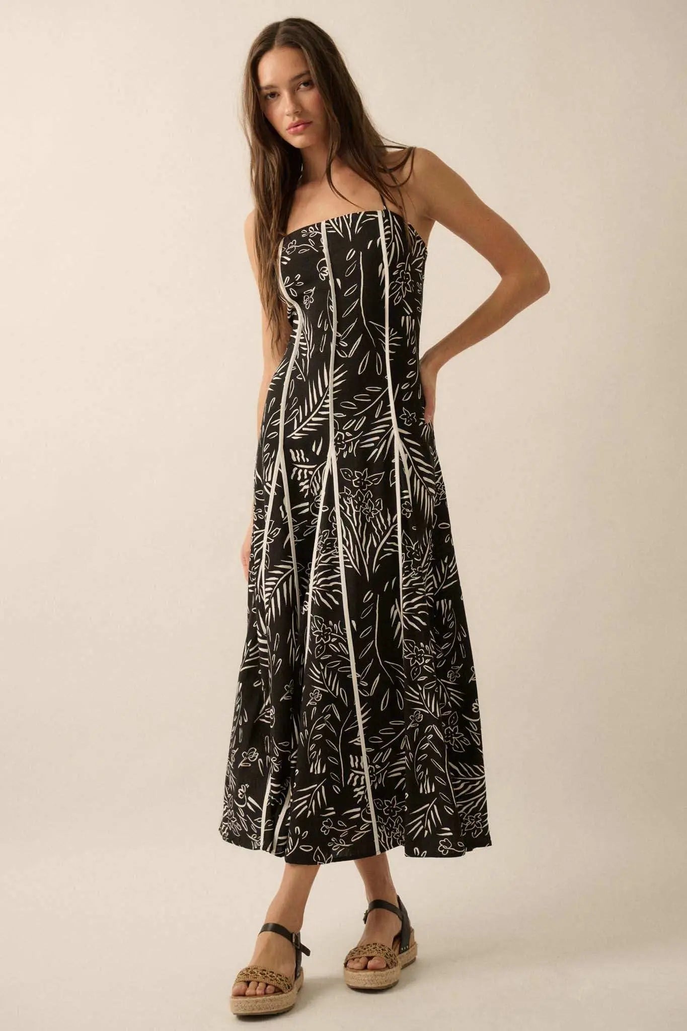 Artsy Blossoms Floral Paneled Halter Maxi Dress