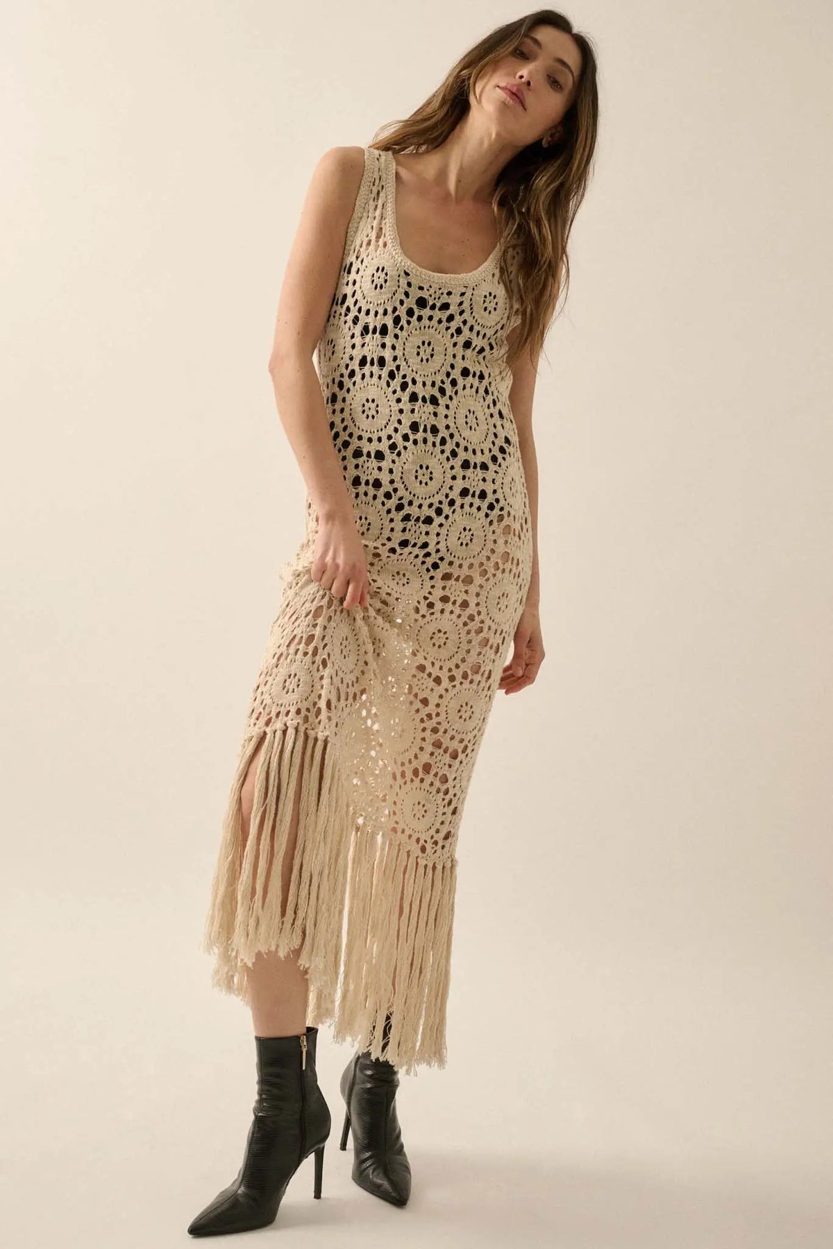 Rare Vintage Crochet Knit Fringe Maxi Dress