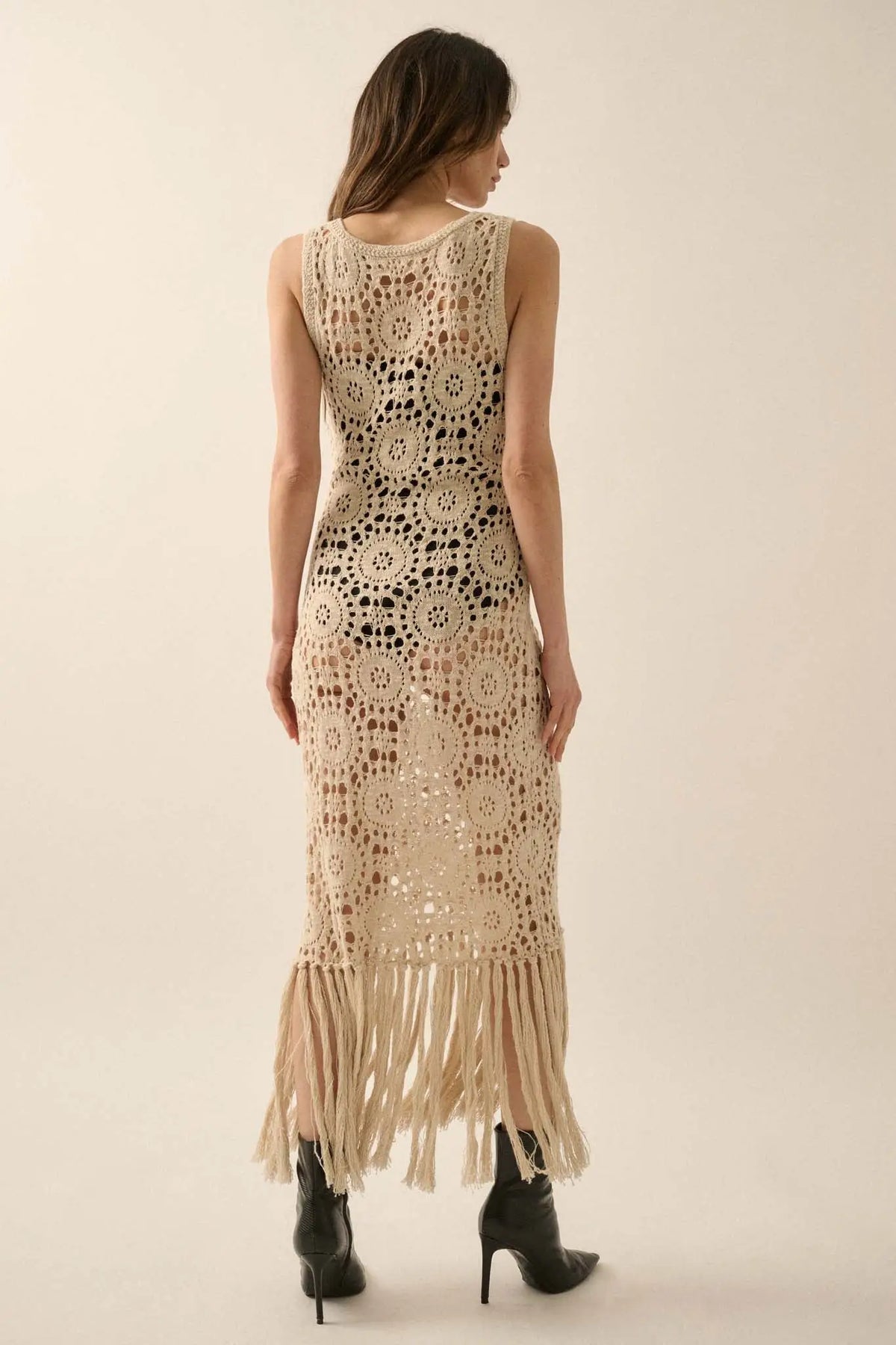 Rare Vintage Crochet Knit Fringe Maxi Dress