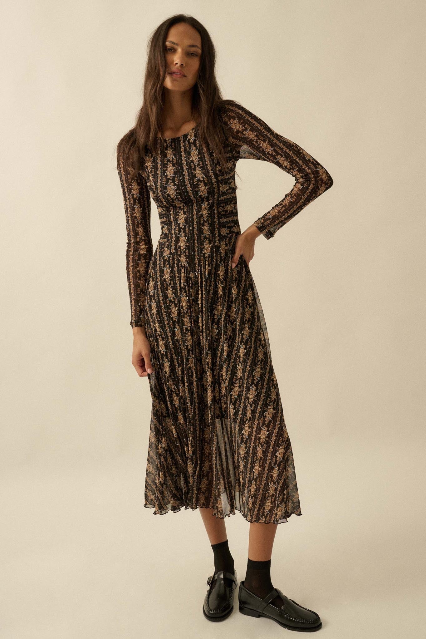 Posh Petals Floral Mesh Drop-Waist Midi Dress