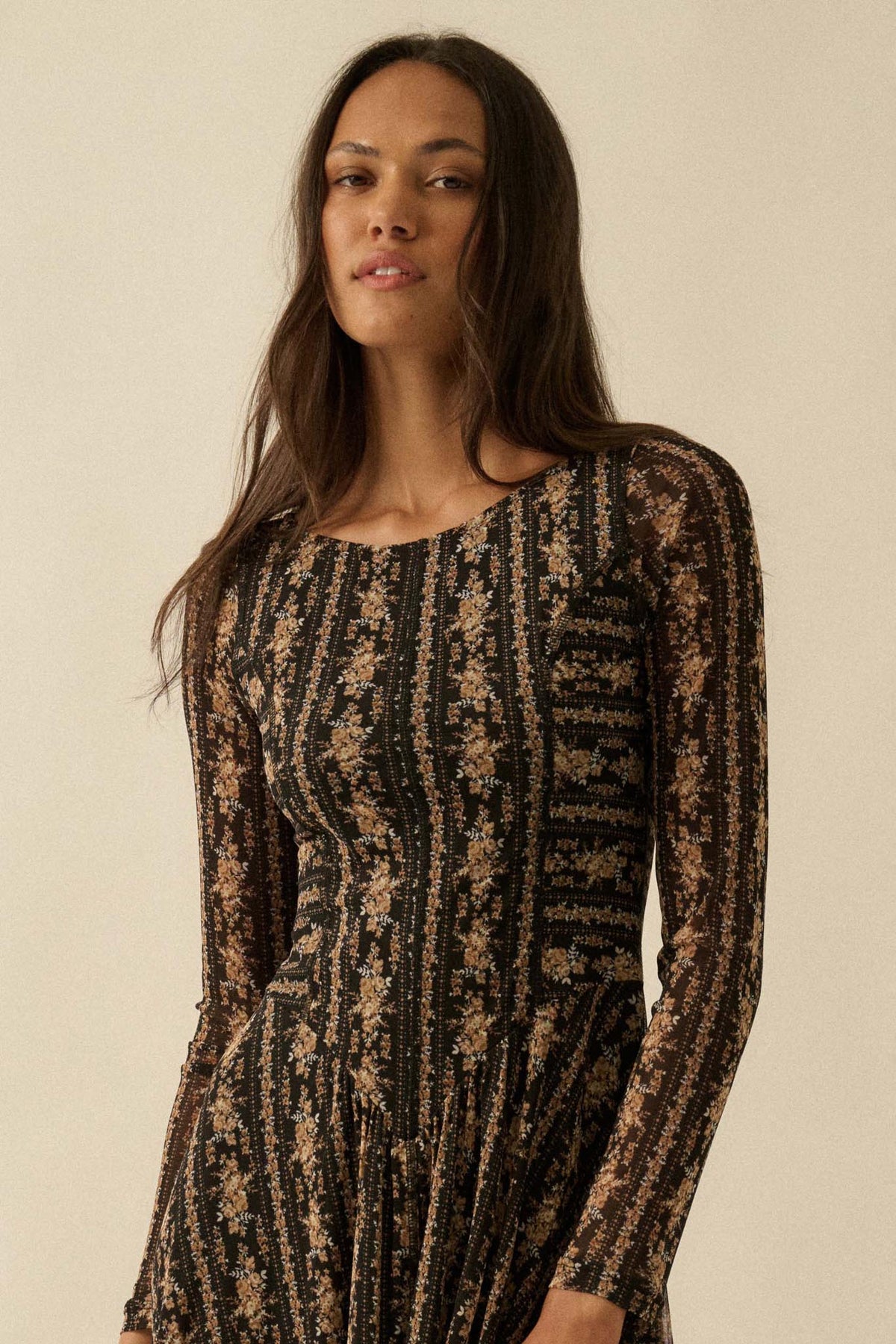 Posh Petals Floral Mesh Drop-Waist Midi Dress