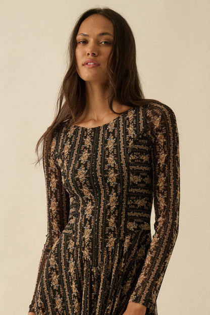 Posh Petals Floral Mesh Drop-Waist Midi Dress