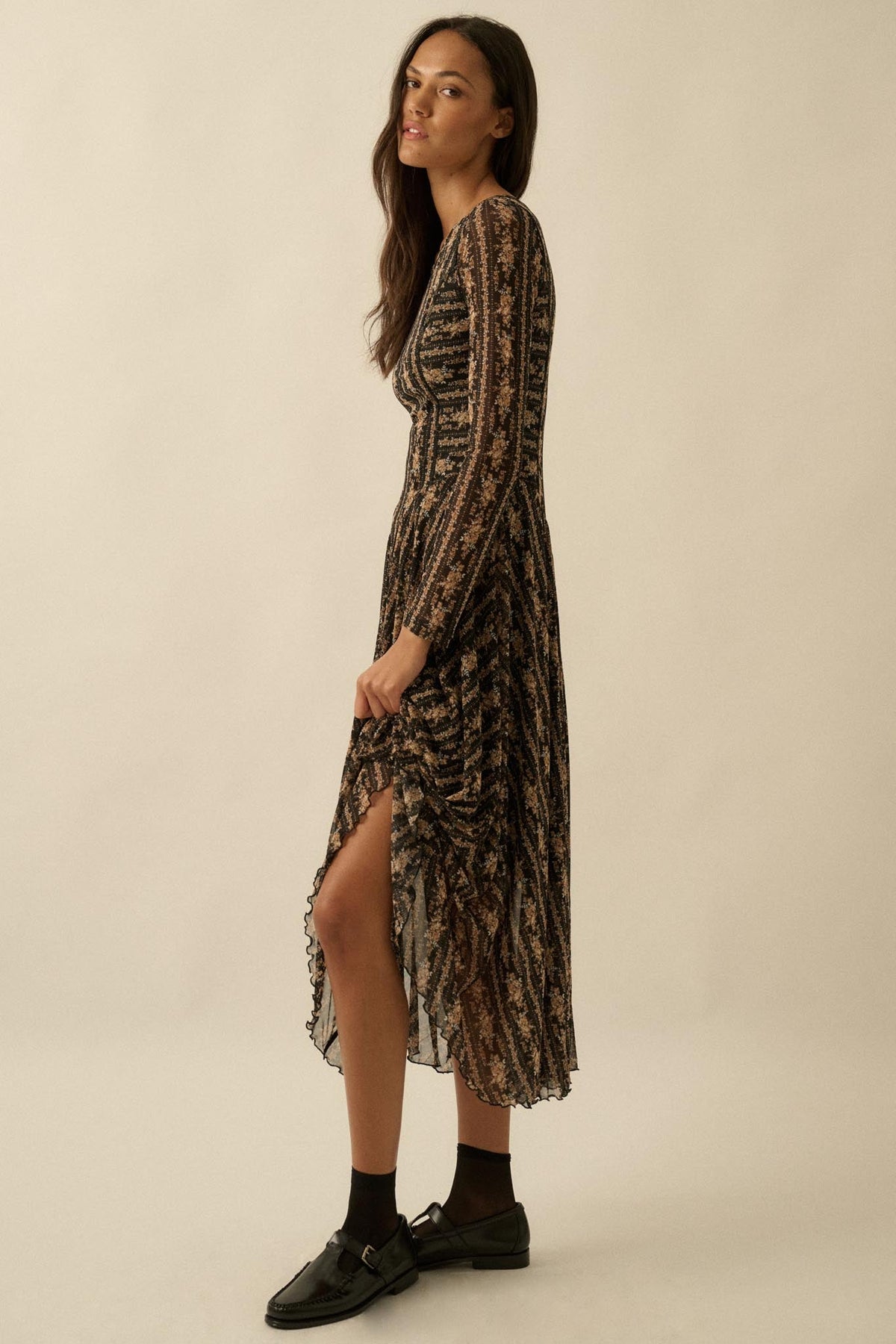 Posh Petals Floral Mesh Drop-Waist Midi Dress