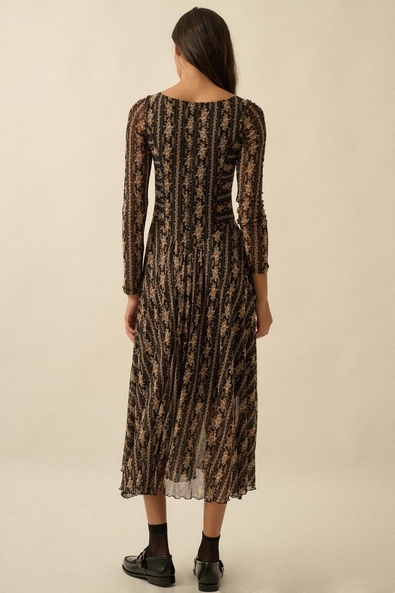Posh Petals Floral Mesh Drop-Waist Midi Dress