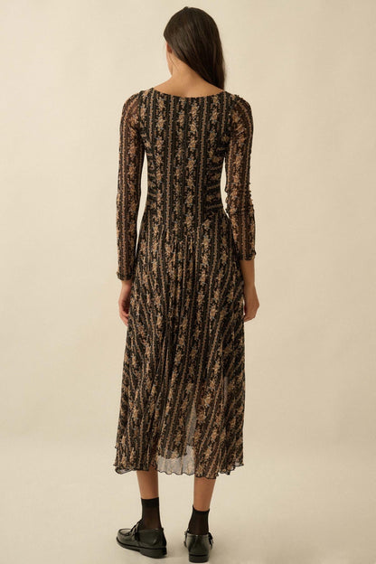 Posh Petals Floral Mesh Drop-Waist Midi Dress