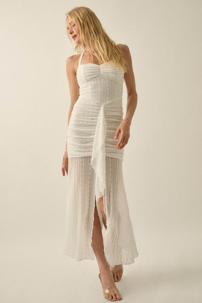 Beyond Beautiful Floral Lace Ruched Halter Maxi Dress