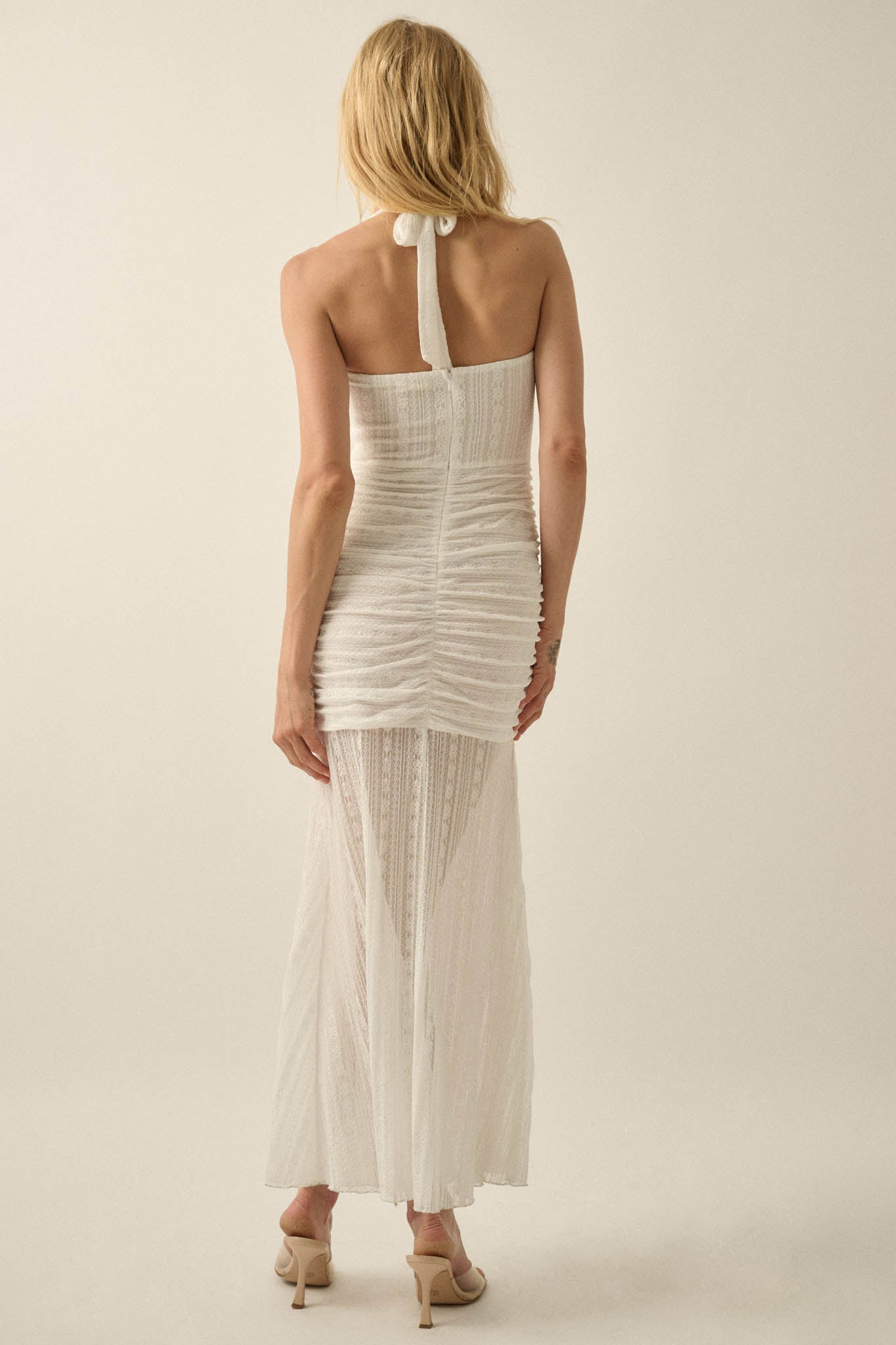 Beyond Beautiful Floral Lace Ruched Halter Maxi Dress