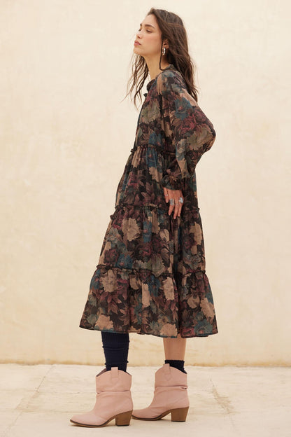 Potpourri Grove Tiered Floral Midi Prairie Dress