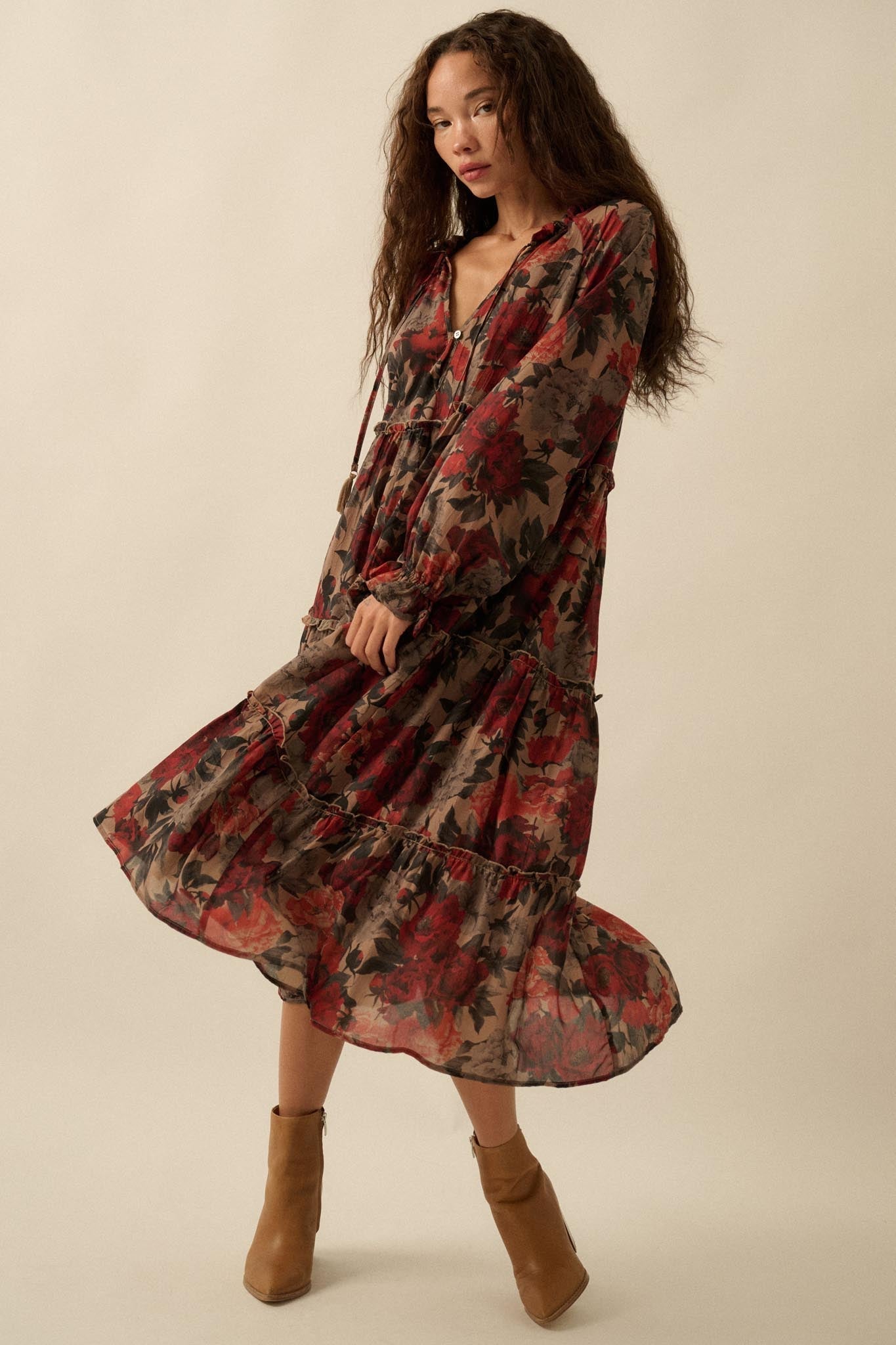 Potpourri Grove Tiered Floral Midi Prairie Dress