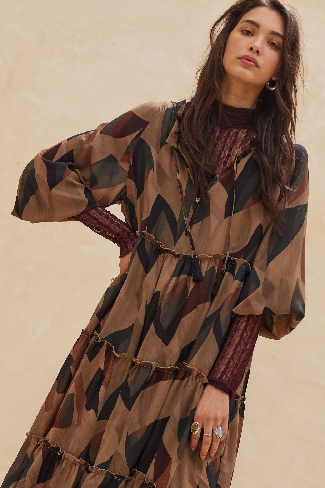 Modern Vintage Abstract-Print Midi Prairie Dress