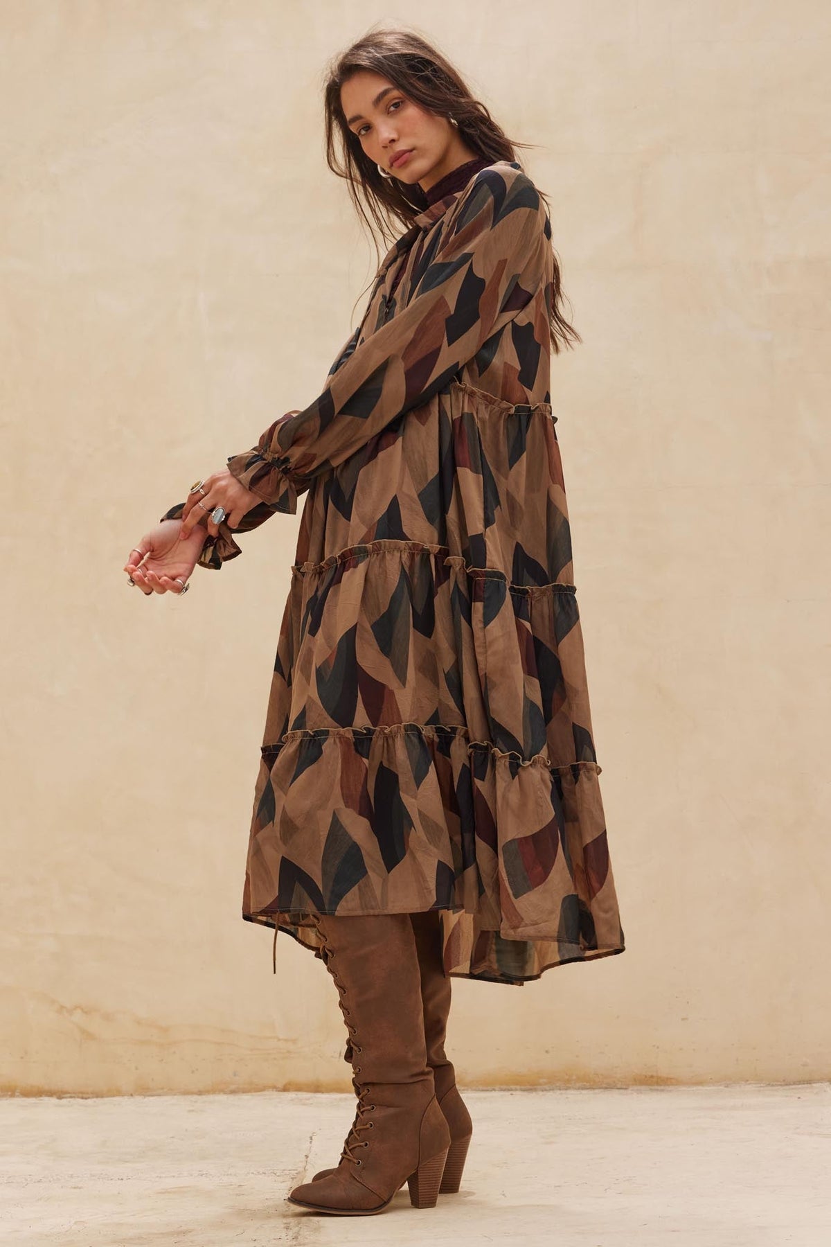 Modern Vintage Abstract-Print Midi Prairie Dress