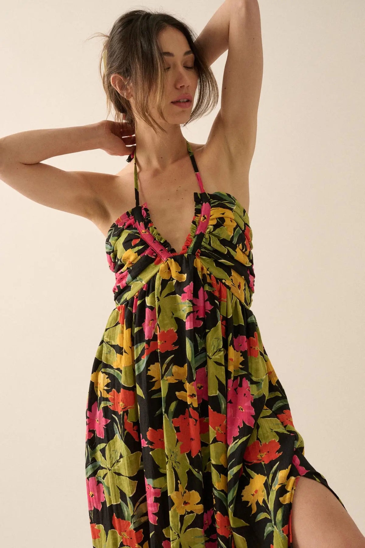 Lovely Luau Tropical Floral Halter Maxi Dress
