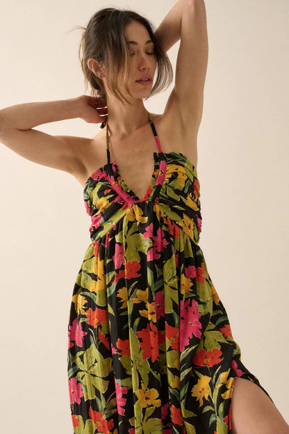 Lovely Luau Tropical Floral Halter Maxi Dress