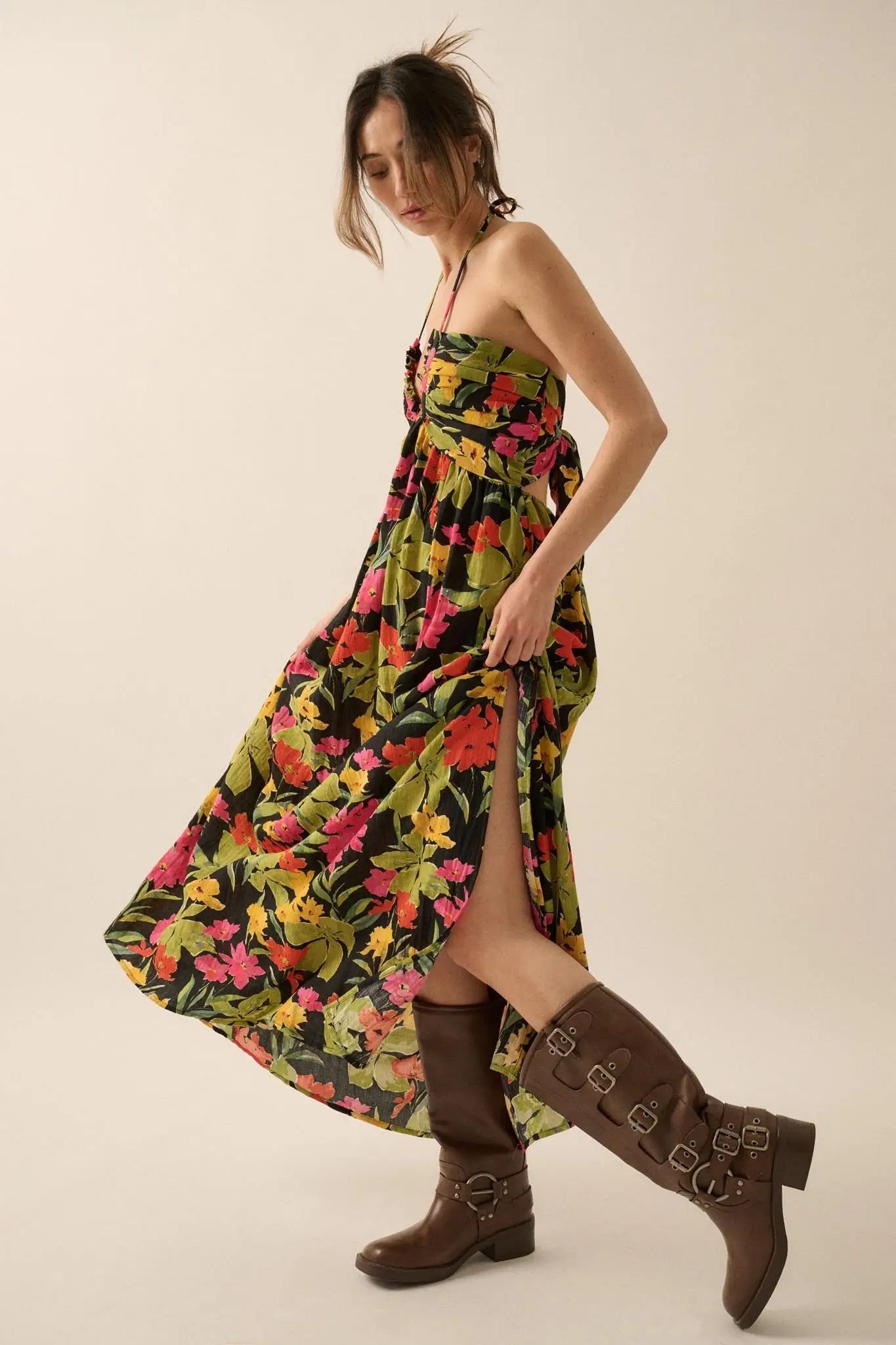Lovely Luau Tropical Floral Halter Maxi Dress