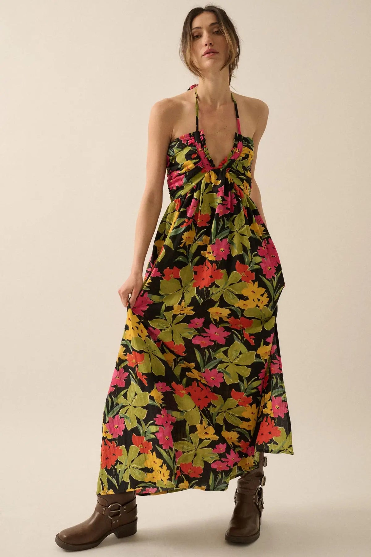 Lovely Luau Tropical Floral Halter Maxi Dress
