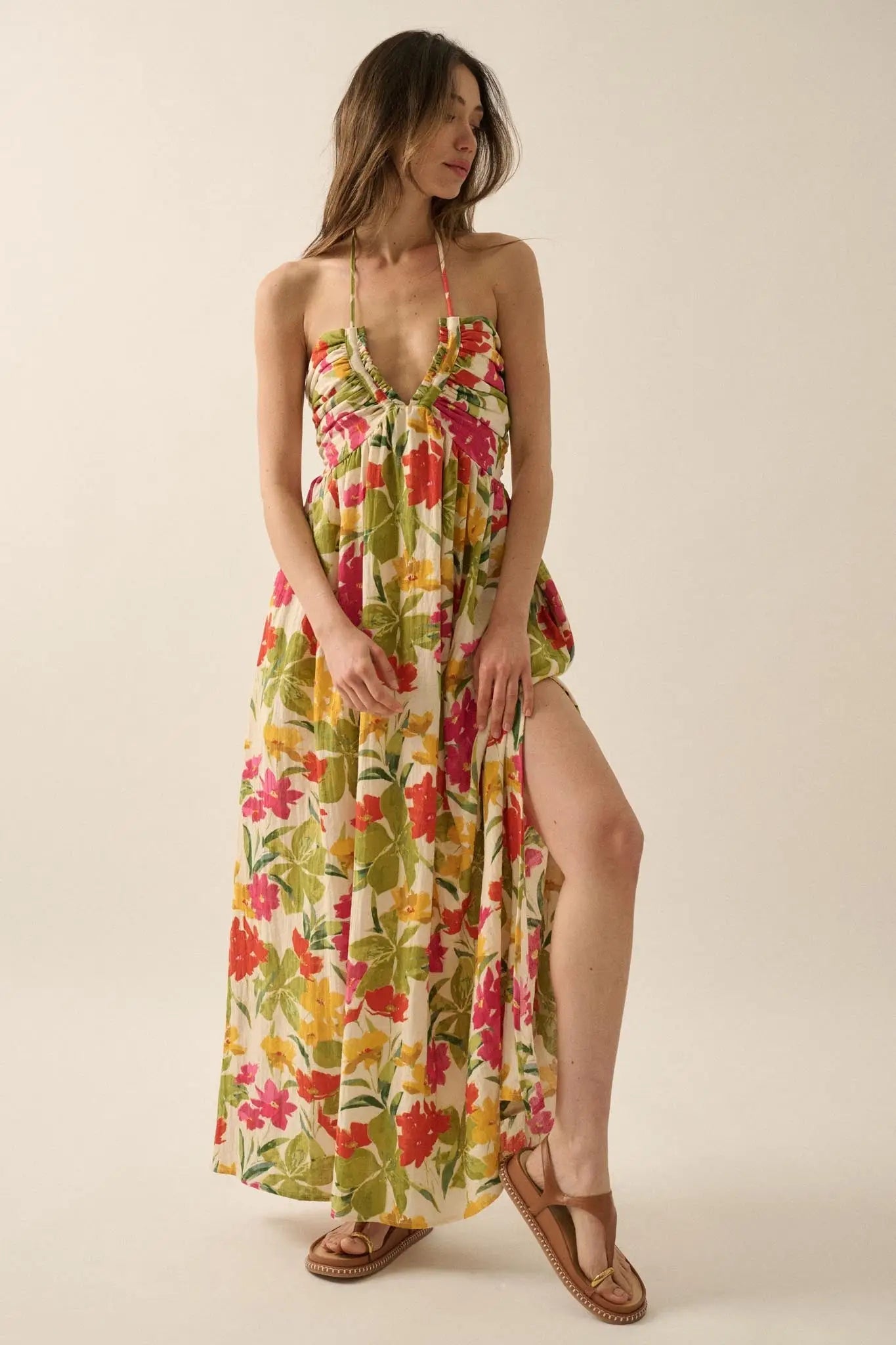 Lovely Luau Tropical Floral Halter Maxi Dress