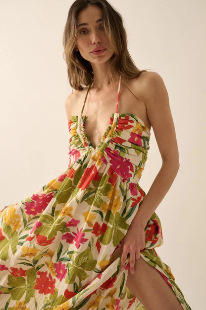 Lovely Luau Tropical Floral Halter Maxi Dress