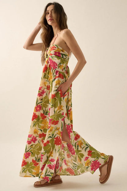 Lovely Luau Tropical Floral Halter Maxi Dress