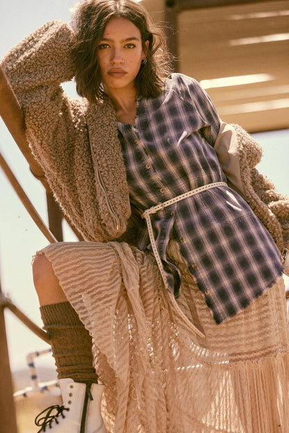Back Roads Plaid Flannel Raw-Edge Mini Shirt Dress