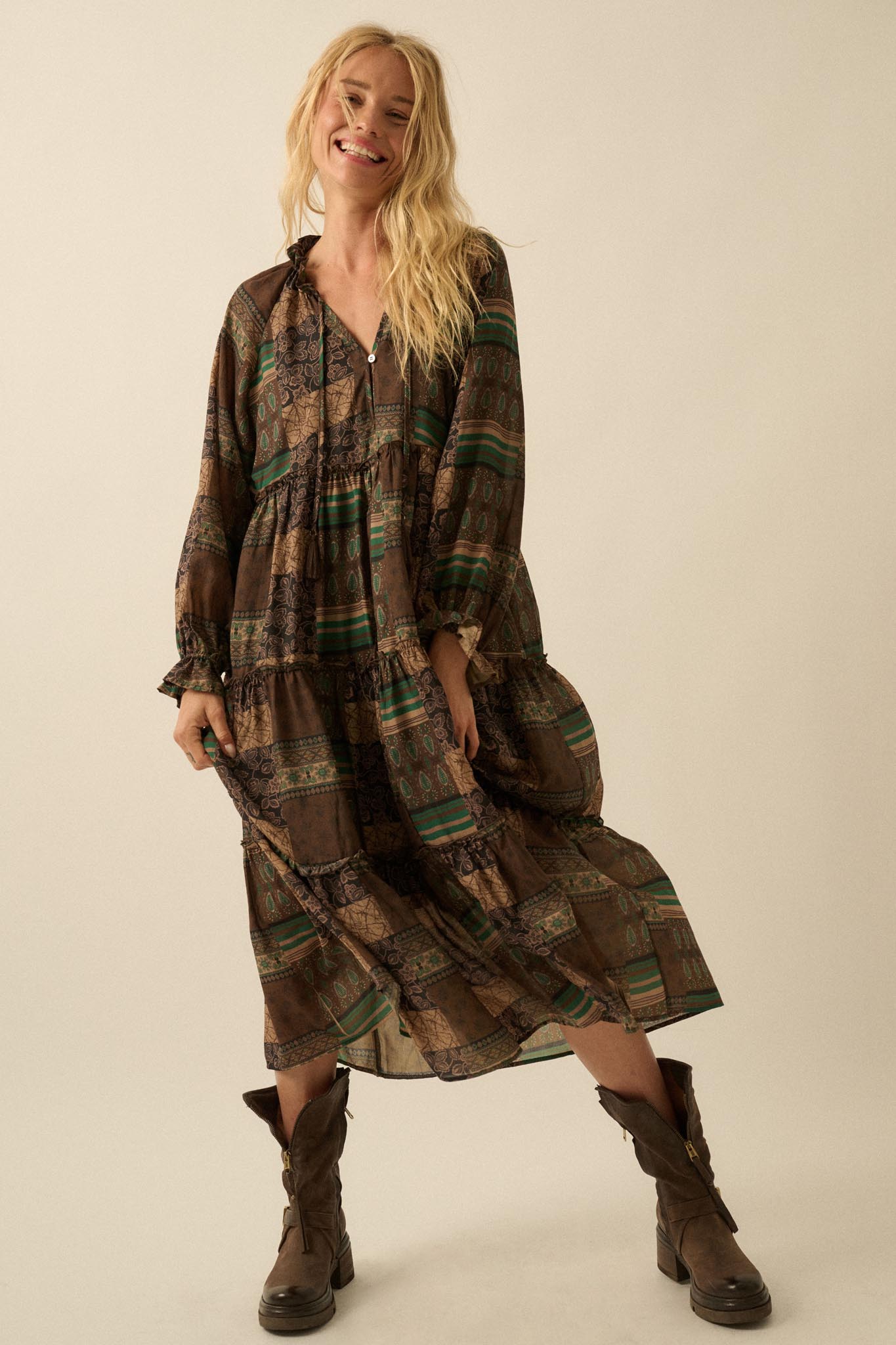Piece by Piece Patchwork-Print Midi Prairie Dress