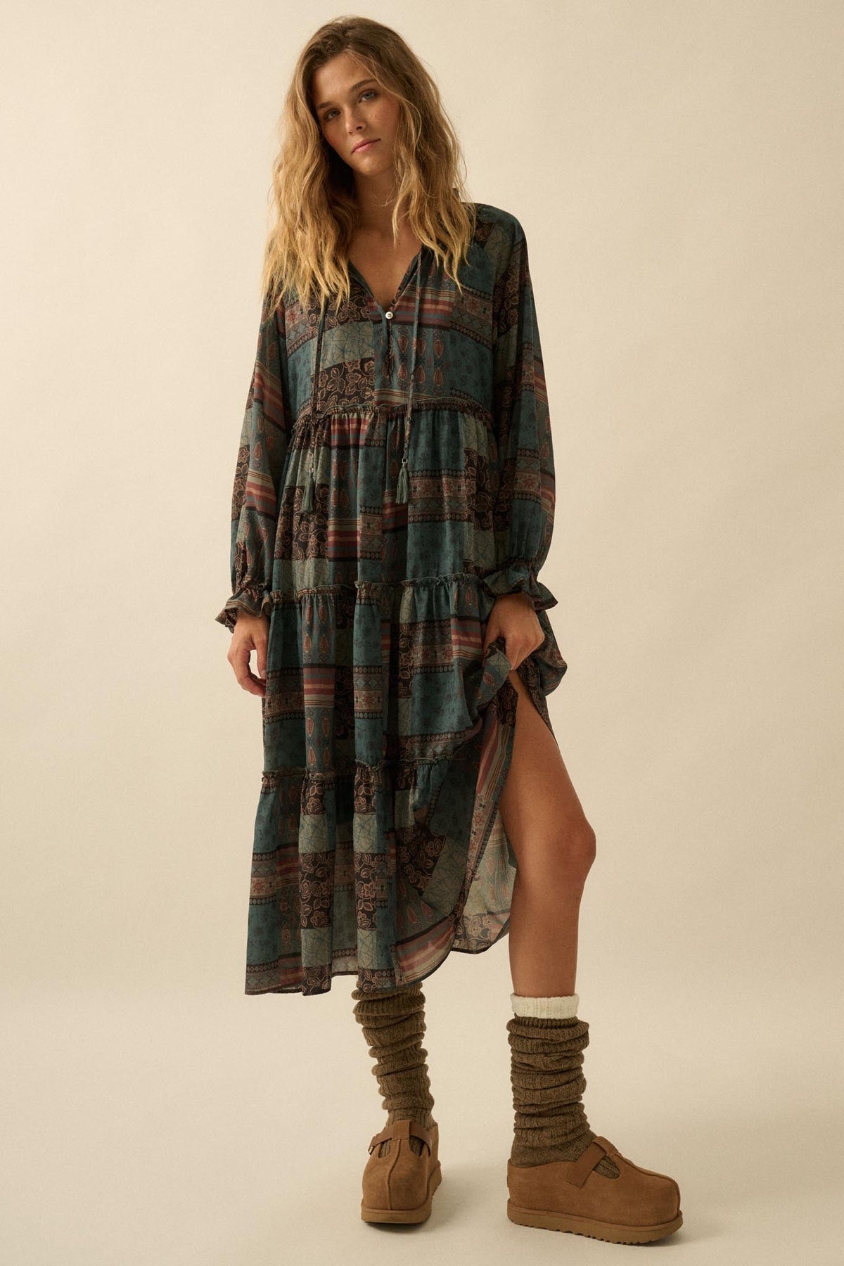 Piece by Piece Patchwork-Print Midi Prairie Dress