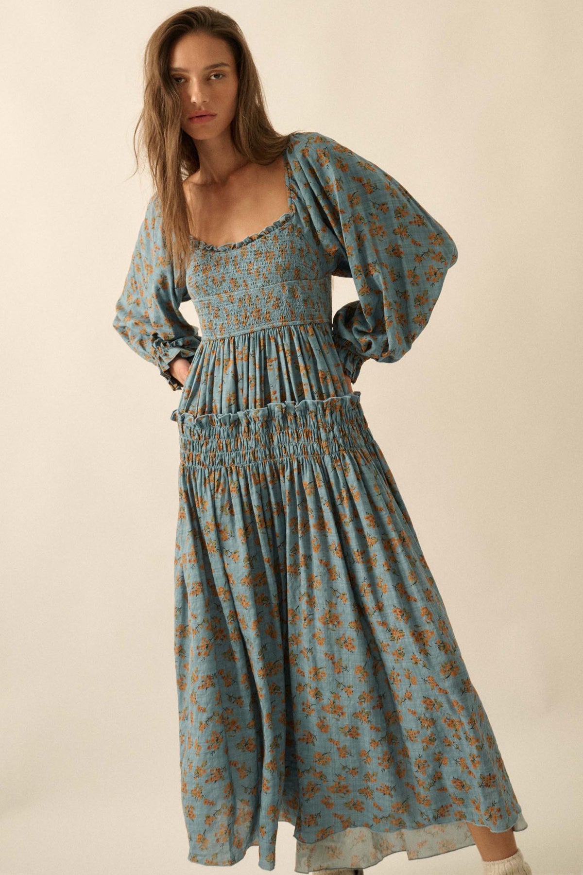 Field Day Floral Plaid Smocked Midi Peasant Dress