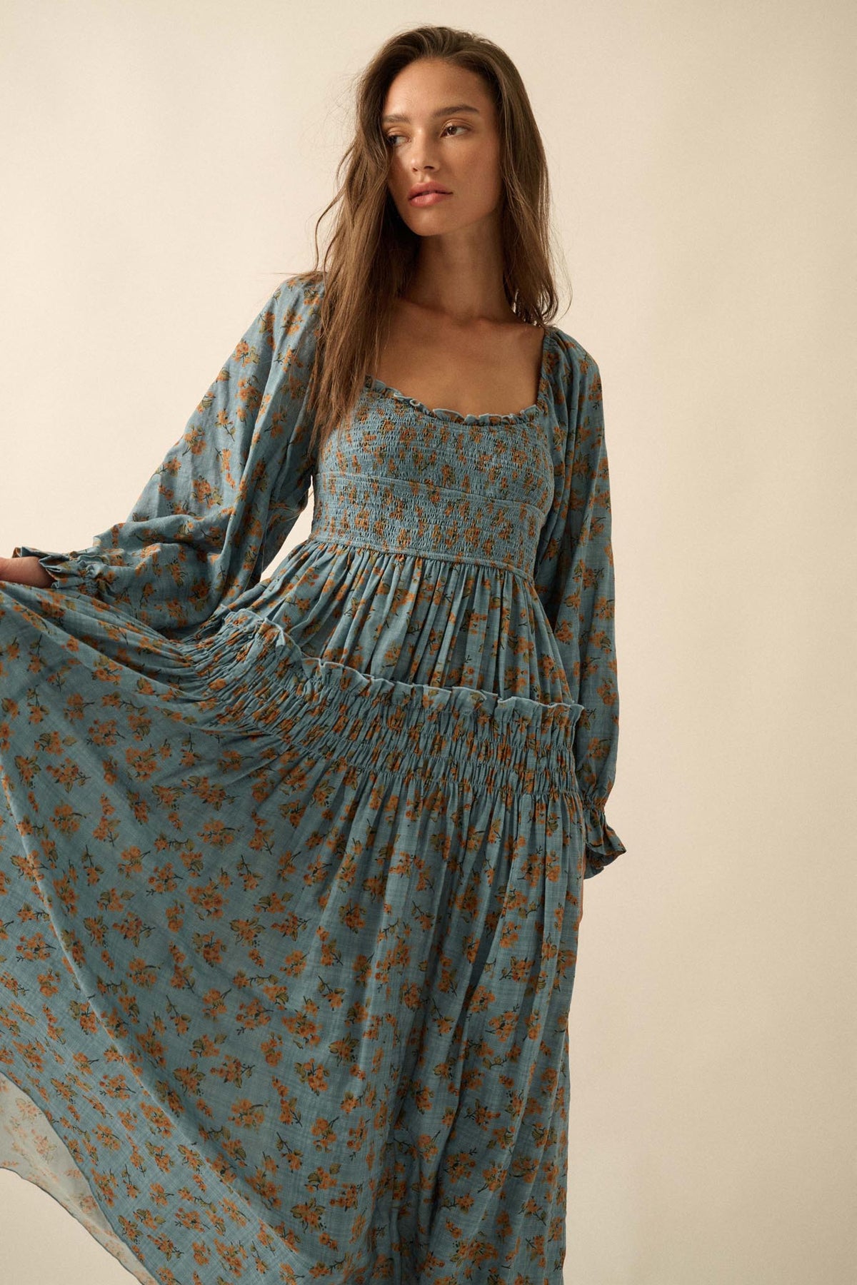 Field Day Floral Plaid Smocked Midi Peasant Dress