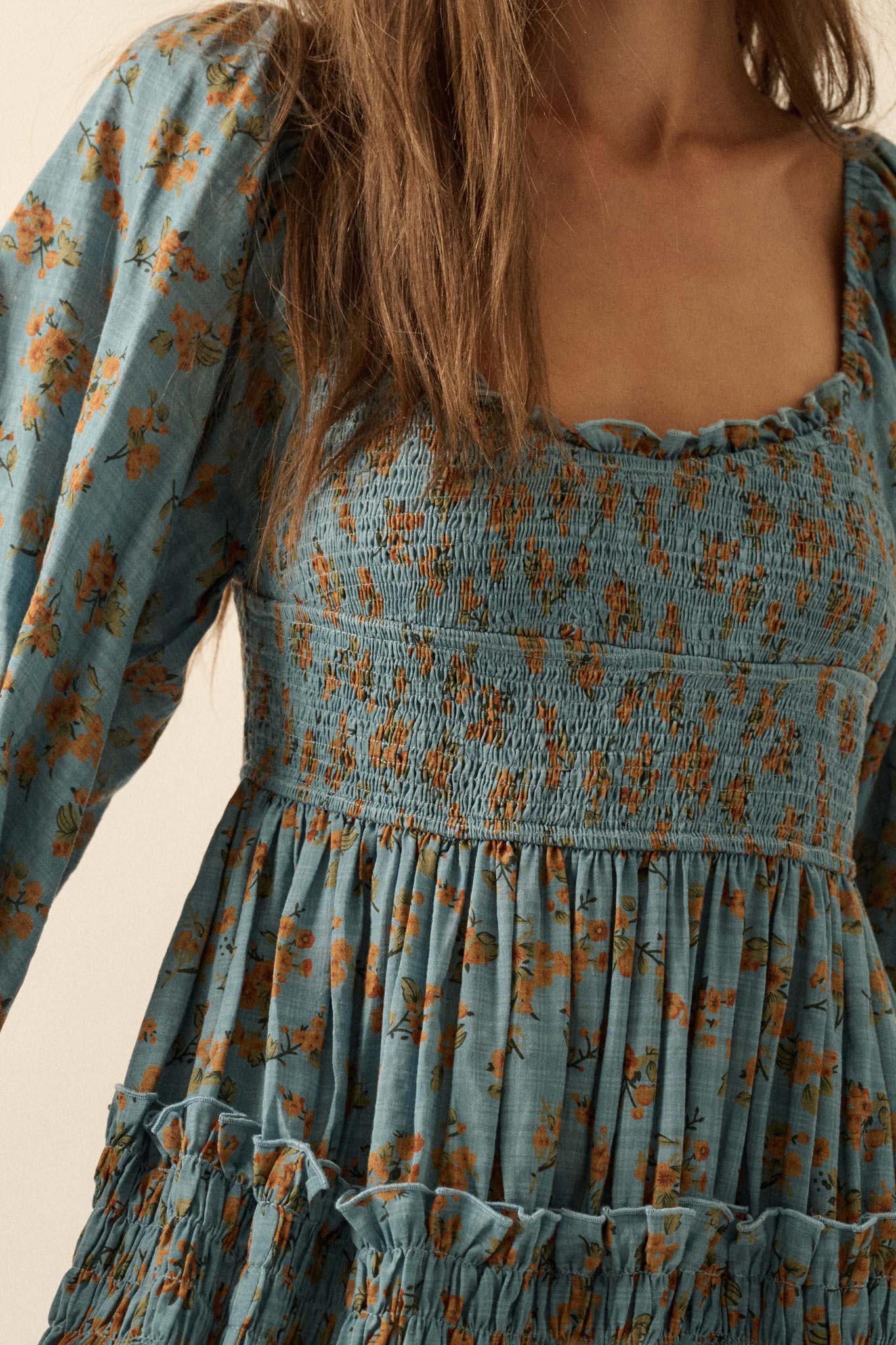Field Day Floral Plaid Smocked Midi Peasant Dress